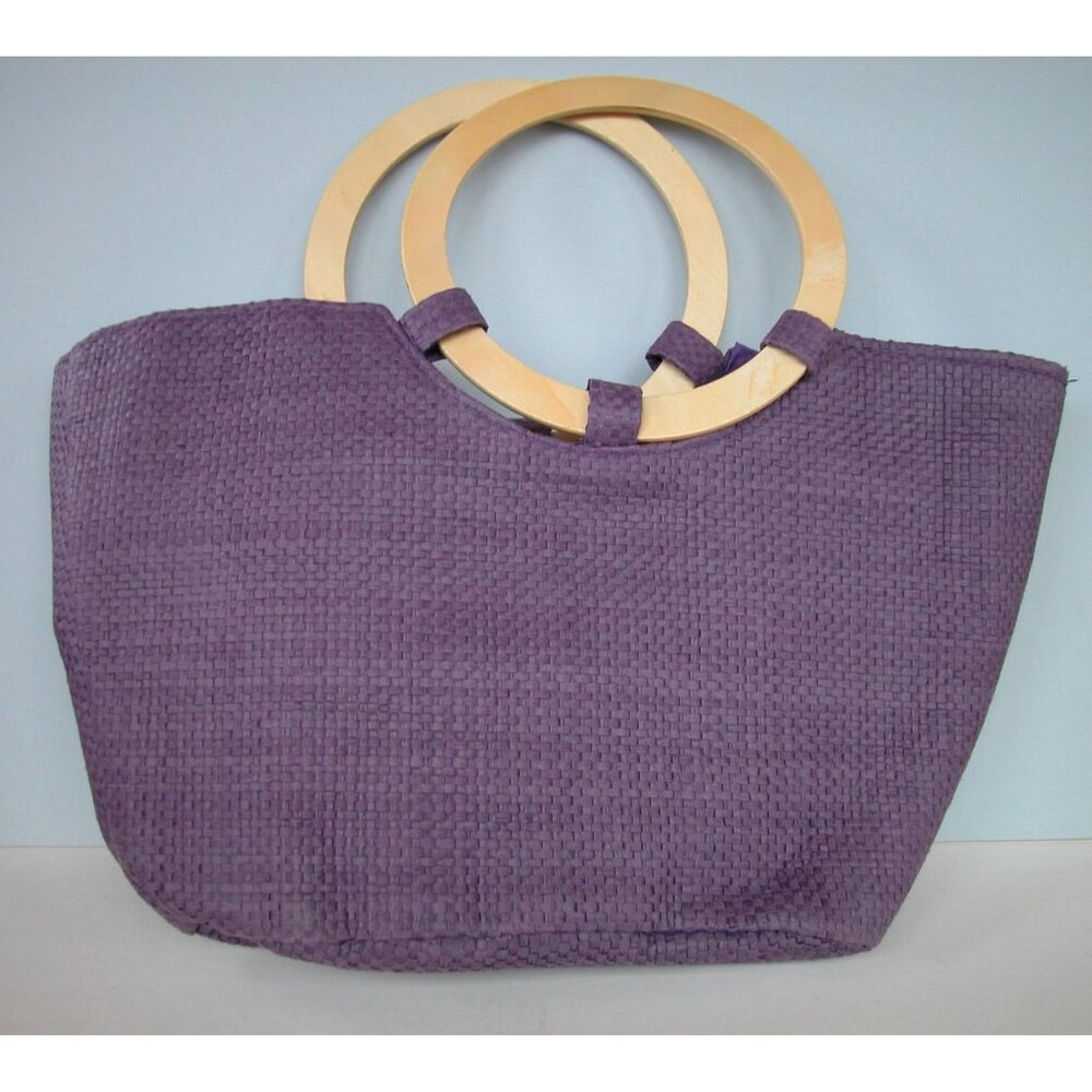 Purple Woven Tote Bag With Wooden Handles